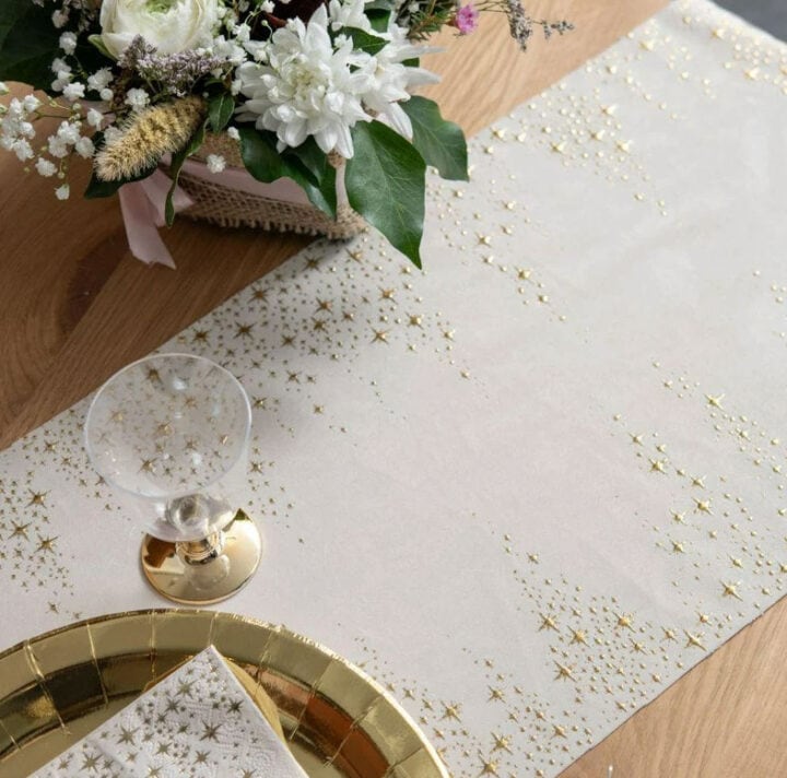 elegant-white-and-gold-table-runner-for-Christmas - affordable holiday decor