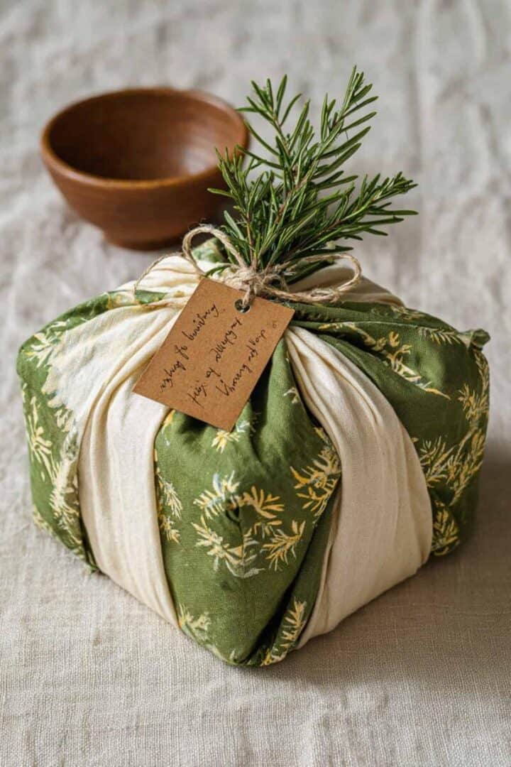 holiday gift wrapped in fabric