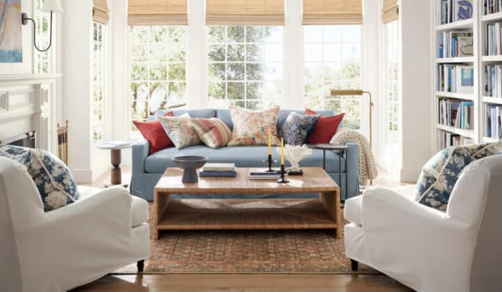 pottery-barn-inspiration-Living-Room-neutral-with-blue-accents - neutral home decor with pop of color