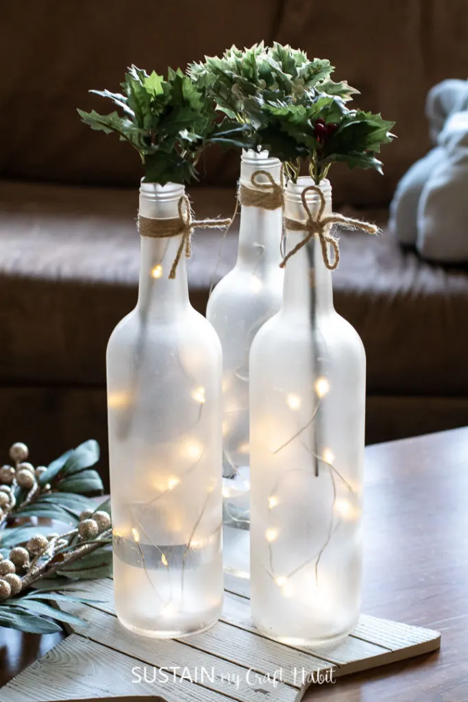 wine bottles decorated for Christmas